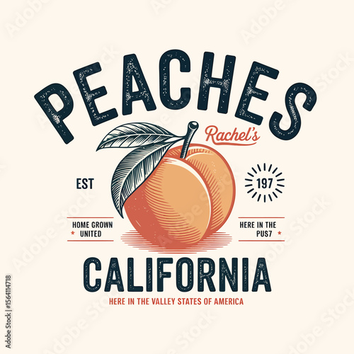 A rustic peaches emblem showcases vintage typography with a fresh fruit design, symbolizing California's home grown harvest and offering a classic touch for product labels and branding projects.