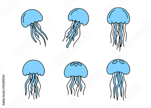 A collection of six blue jellyfish swimming, each with unique characteristics