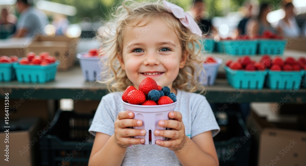 Fototapeta premium Smiling girl with curly hair holding container with strawberries and blueberries at farmers market. Happy child enjoying fresh berries outdoors. Healthy eating and nutrition concept