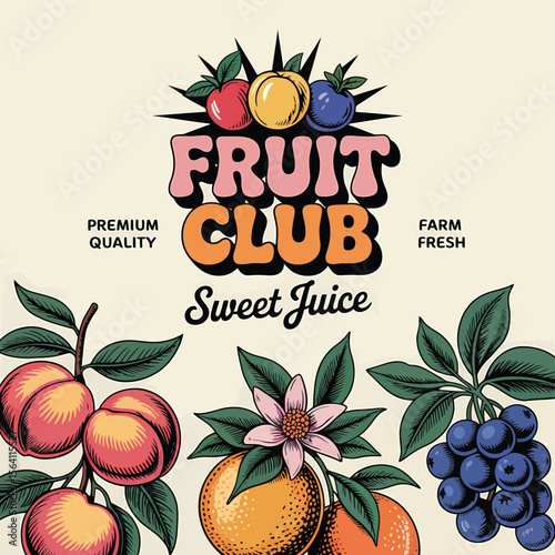 Retro fruit club emblem features peaches, oranges, and blueberries with the words "Sweet Juice," a fitting element for fresh juice brands or organic food store advertising designs.