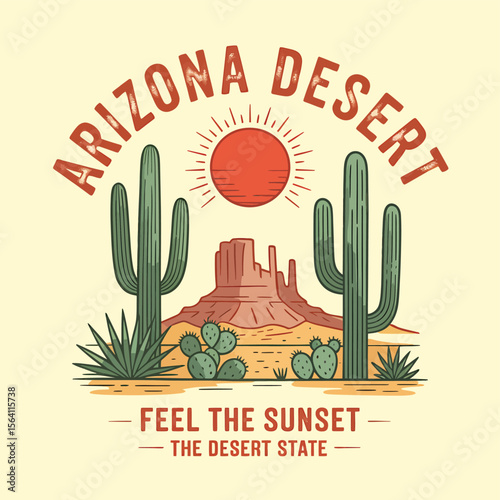 Explore the beauty of Arizona Desert with this captivating design, featuring majestic cactus and a warm sunset, evoking the spirit of the desert state for travel and leisure.