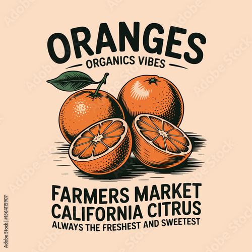 Fresh oranges graphic celebrates organic vibes, showcasing citrus fruits perfect for farmers market designs or branding related to California agriculture and healthy eating.