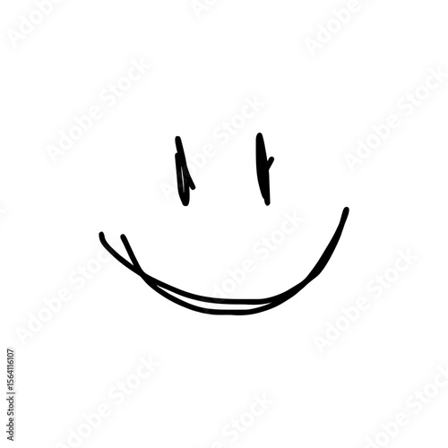 Happy smiling face doodle in playful black SVG line art style for children’s media, Gen Z emojis, joyful digital communication icons, transparent background for fun online design packs