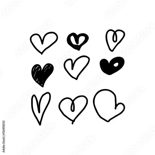 Set of 9 Hand Drawn Hearts in Black Doodle Style for Valentine’s Day Cards, Romantic Design Elements, Love Icons and Emotional Illustrations on Transparent SVG Background