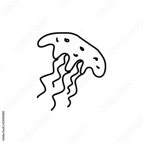 Whimsical black doodle jellyfish illustration in childlike freehand line style, perfect for ocean-themed children’s books, marine learning posters, or playful underwater SVG projects