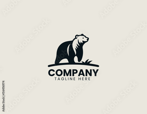 Bear catching fish in flowing stream vector logo with wilderness adventure illustration style