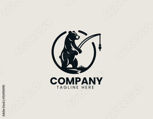 Bear catching fish in flowing stream vector logo with wilderness adventure illustration style