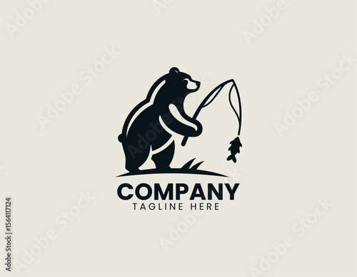 Wild bear catching fish in river as vector logo illustration with strong nature theme