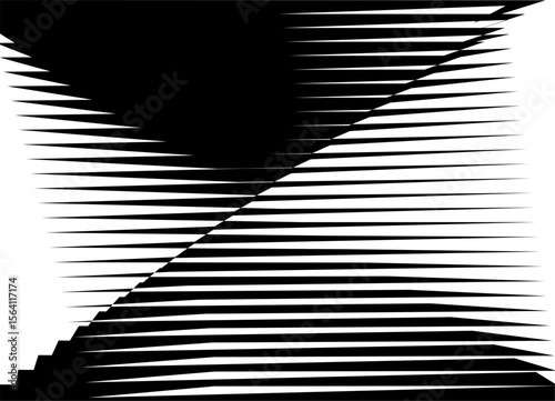 Black and white vector background from sharp lines. Striped pattern for covers, packaging, textiles, advertising. Halftone. Broken ribbed shapes. Spots with place for text