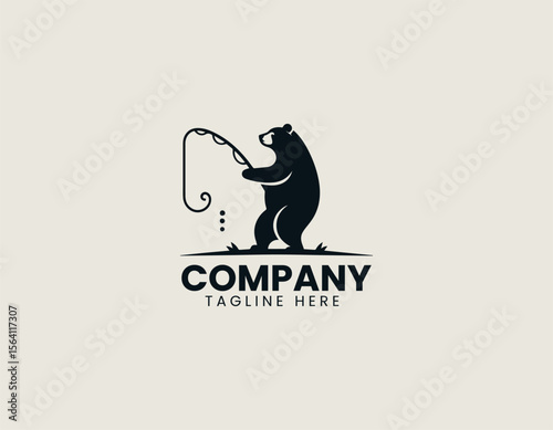 Wild bear catching fish in river as vector logo illustration with strong nature theme