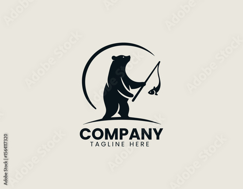 Wild bear catching fish in river as vector logo illustration with strong nature theme