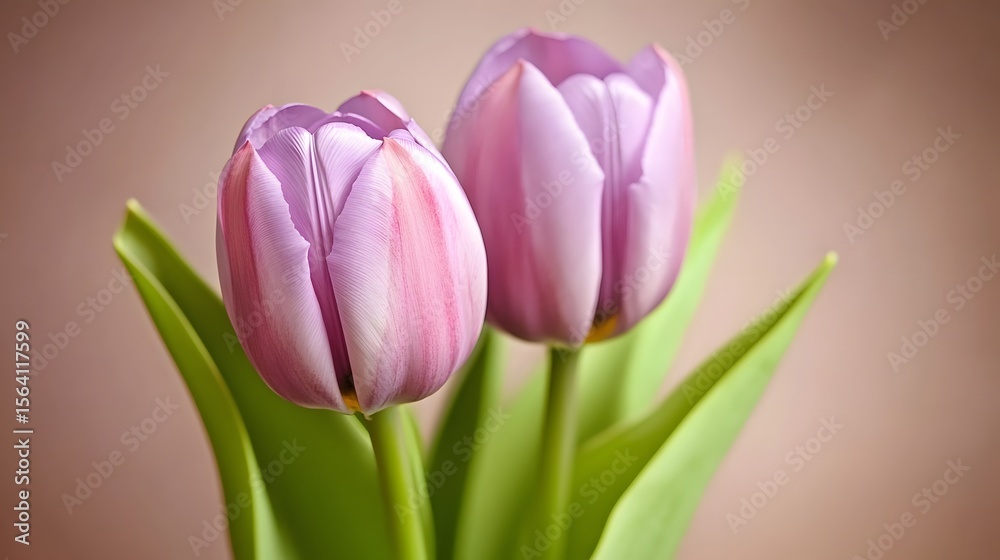 Fototapeta premium Closeup of Two Delicate Lavender Tulips Spring Flowers