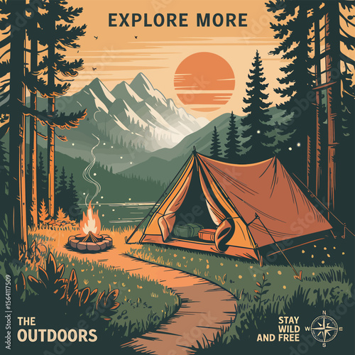 Discover the great outdoors with this scenic camp graphic, featuring a tent, campfire, mountains, and sunset for travel adventure designs and wilderness themes.