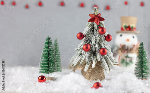 Christmas card. Christmas tree with red balls. Snowman. Christmas and festive atmosphere