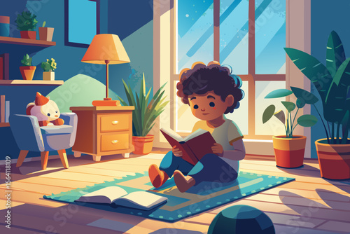 Child reading a book on a soft carpet with toys around and sunlight