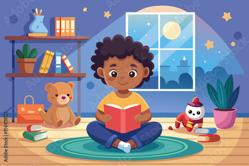 Child reading a book on a soft carpet with toys around and sunlight