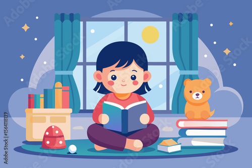 Child reading a book on a soft carpet with toys around and sunlight