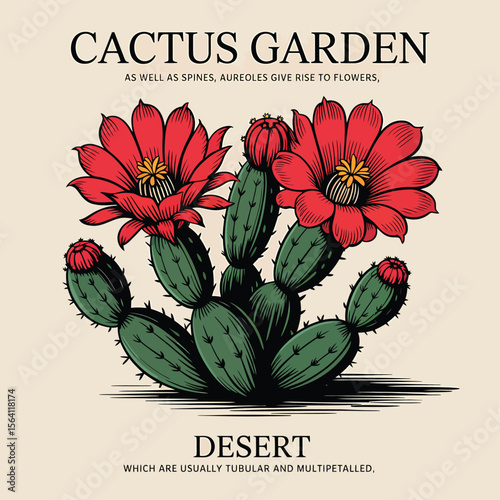 A botanical graphic showcases a flowering cactus, perfect for desert-themed designs and southwestern aesthetics, ideal for branding related to gardening or natural product lines.