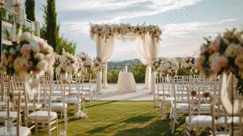 Beautiful outdoor wedding ceremony setup with white chairs, lush flowers, and arch as golden hour descends, footage.