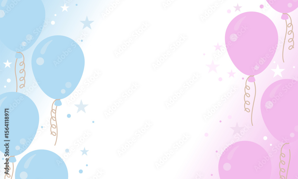 Gender party. Gender reveal or birthday party background with pink and blue balloons. Background for a children's gender party. Pink and blue balloons and confetti background with copy space Gender party. Gender reveal or birthday party background with pink and blue balloons. Background for a children's gender party. Pink and blue balloons and confetti background with copy space