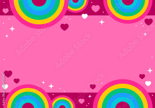 Abstract pink background with little stars and rainbow, hearts. Decoration banner themed Lol surprise doll girlish style. Invitation card template