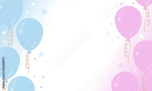 Gender party. Gender reveal or birthday party background with pink and blue balloons. Background for a children's gender party. Pink and blue balloons and confetti background with copy space