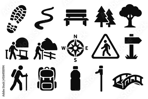 Black icons on white background for relaxed walks. Minimal vector for slow tourism design.