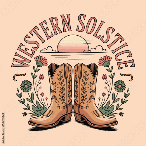 Western aesthetic graphic showcasing cowboy boots amidst flowers, set against a solstice sunset, ideal for branding, apparel design, and adding a touch of rustic charm.