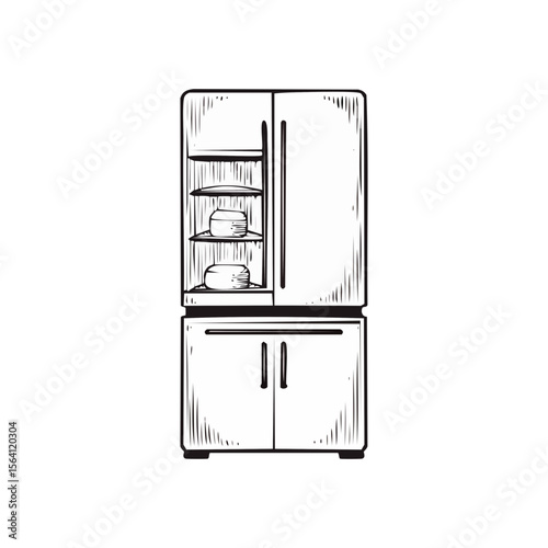 Hand drawn fridge with open doors and shelves