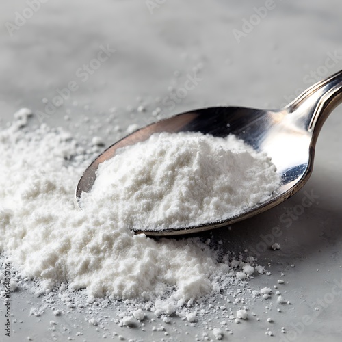 White granular magnesium stearate powder, a common lubricant in pharmaceutical and cosmetic manufacturing, spills from a spoon on a laboratory countertop surface. .