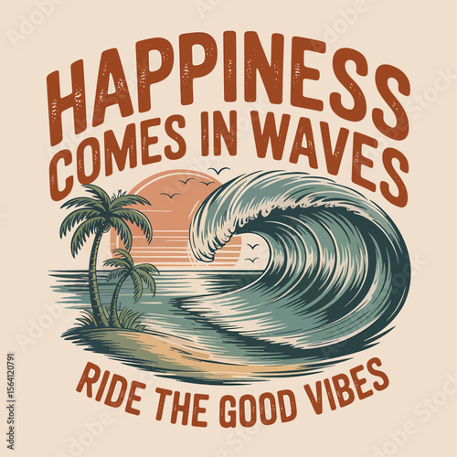 Coastal paradise features a stylized ocean wave, palm trees, and a sunset, perfect for vacation designs, beach themes, and tropical-inspired creative projects and seaside adventures.