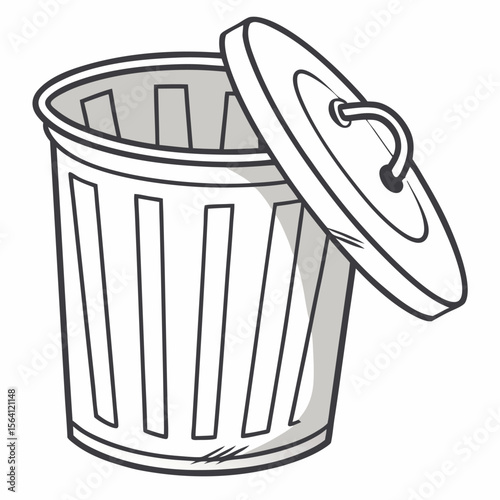 Trash bin icon with lifted lid, detailed handle, and minimal cross-lines

