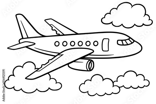 Cartoon Outline Airplane Flying in Sky with Clouds for Coloring
