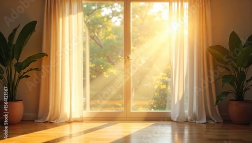 Serene Sunlight Streaming Through Sheer Curtains Peaceful Bedroom Interior