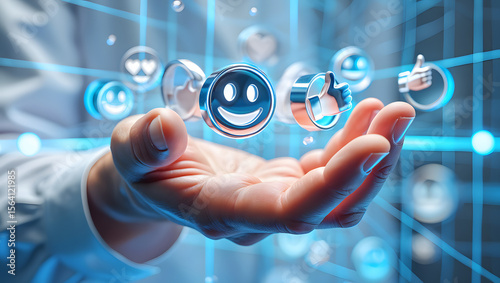 Hand holding futuristic glowing positive feedback emojis:  customer satisfaction, digital technology, positive user experience.