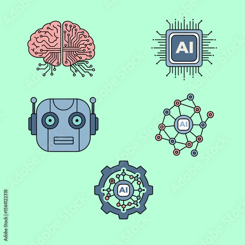 Artificial Intelligence Vector Set Icons, Brain, Robot, Chip, Network