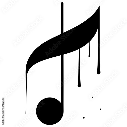 A black music note with dripping paint effect against a white background in a simple design silhouette