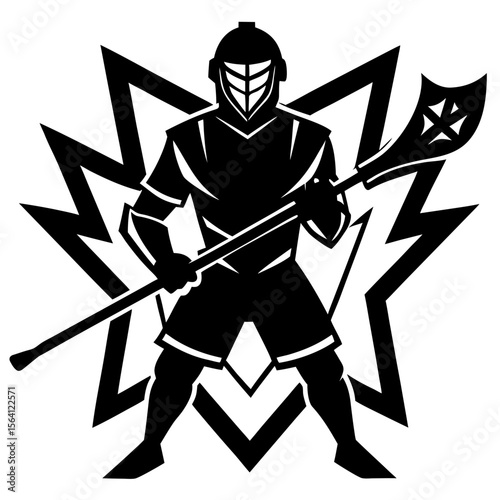A lacrosse player in full gear holding a lacrosse stick with a starburst background design element silhouette