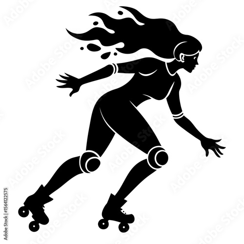 Silhouette of a woman roller skating with flowing hair and protective gear in black and white
