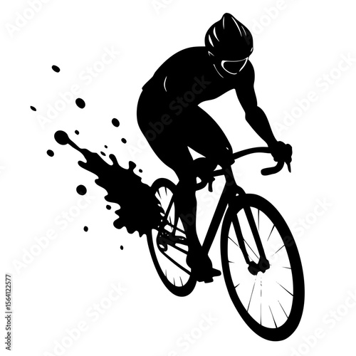 Silhouette of cyclist wearing helmet riding bicycle with splash effect on white background image