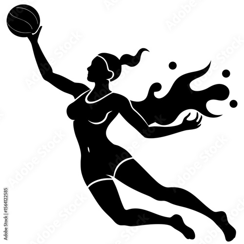 Silhouette of a woman playing basketball with flowing hair in a dynamic action pose design art 95