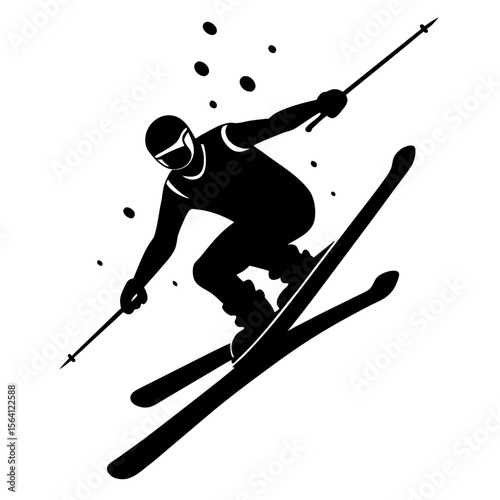 Silhouette of a skier in action with poles and snow particles on a white background design art