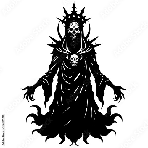 Illustration of a dark reaper figure with a crown and skull, standing with outstretched arms and robes silhouette