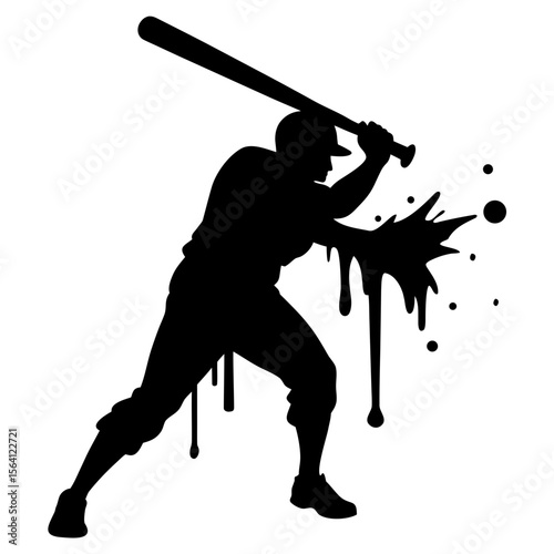 Silhouette of a baseball batter swinging with dripping paint and scattered dots on a white background
