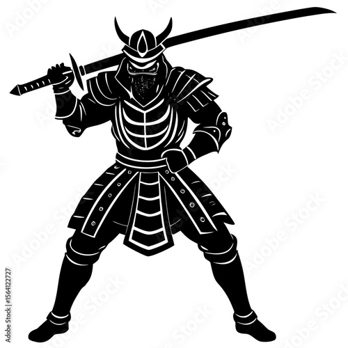 Silhouette of a samurai warrior in armor holding a katana sword over his shoulder in black and white
