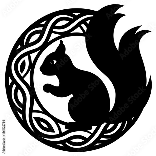 Silhouette of a squirrel with a bushy tail inside a circular celtic knot border design element