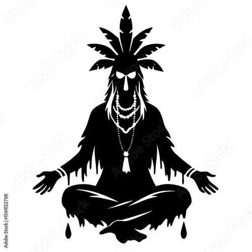 Silhouette of a shaman figure in a meditative pose wearing feathers and multiple beaded necklaces
