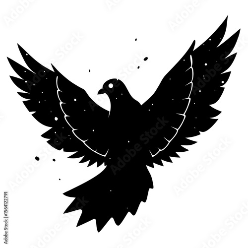 Silhouette of a pigeon with its wings spread wide open and small dots scattered around it design