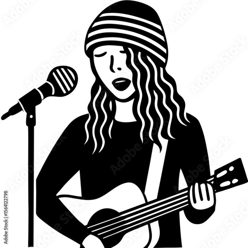 Illustration of a woman with a beanie singing into a microphone and playing the guitar artfully drawn silhouette