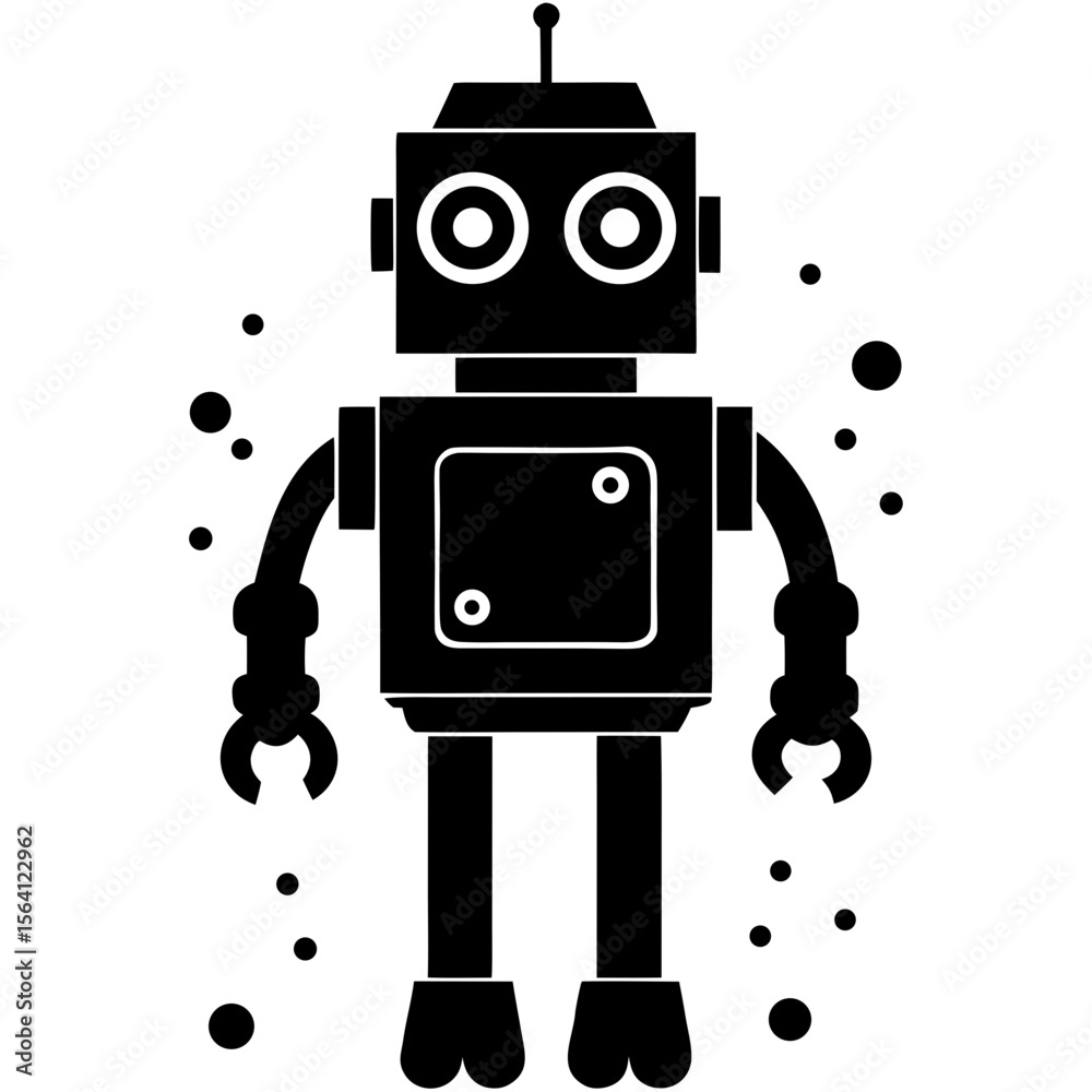 Fototapeta premium A black and white illustration of a vintage robot with square head and rectangular body shape design silhouette